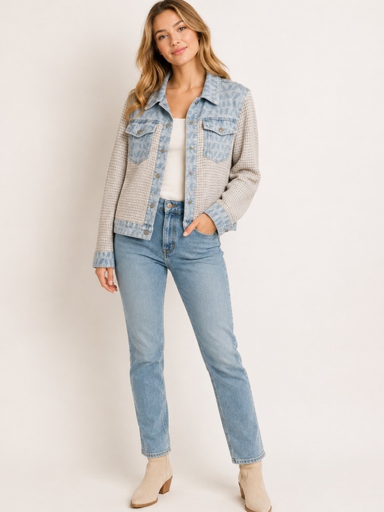 Mystree Jackets & Blazers - Mystree Light Blue Denim-Trim Waffle Knit Jacket